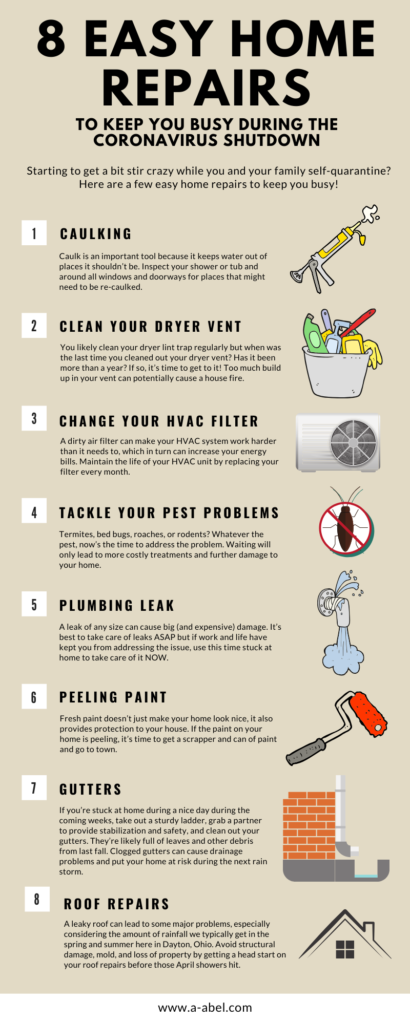 infographic showing easy home repairs that can keep a homeowner busy during the coronavirus shutdown