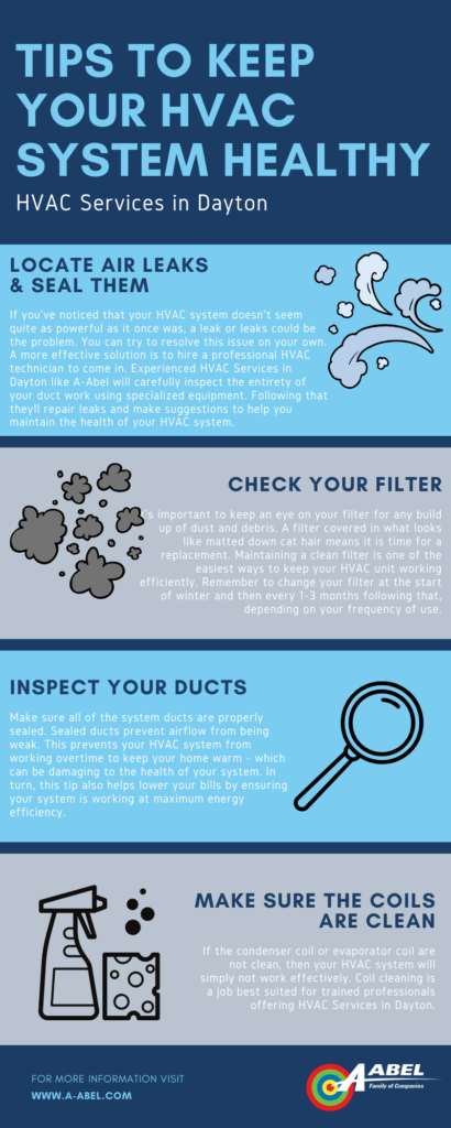 Infographic promoting local HVAC services in Dayton for air leaks duct cleaning and evaporator coil cleaning