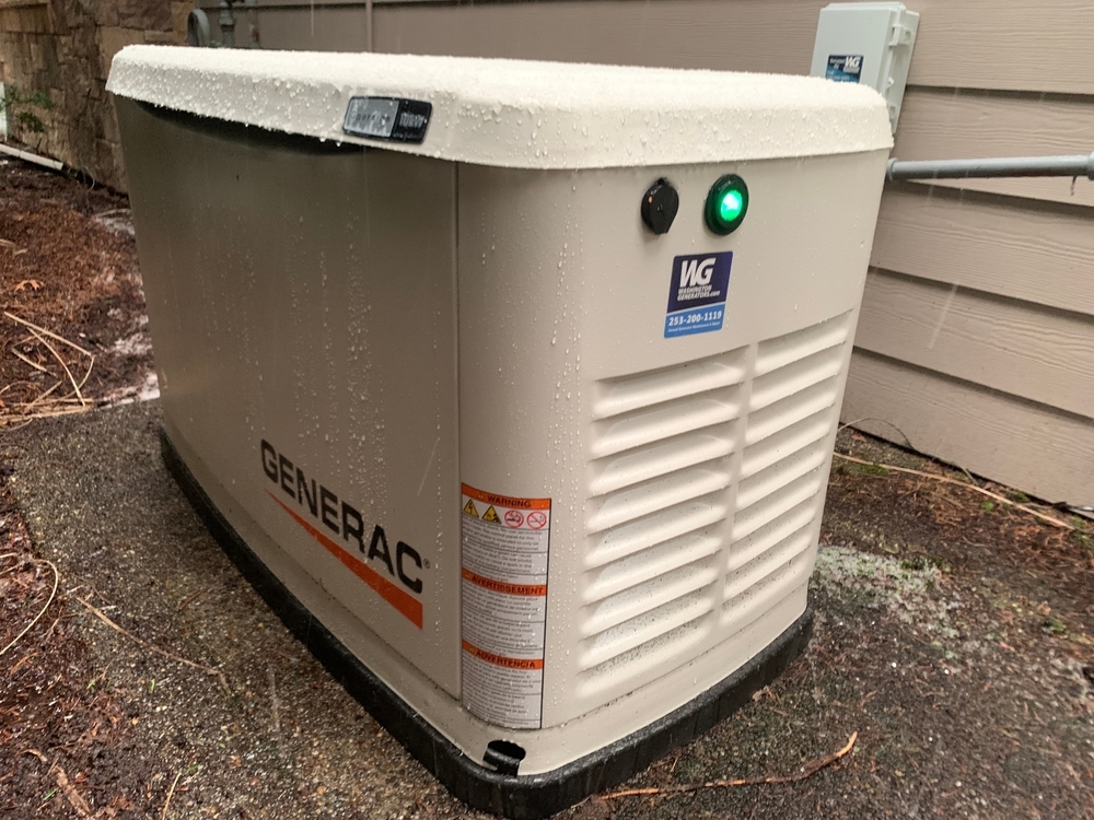 Standby Generac whole house generator in operation during rainy weather